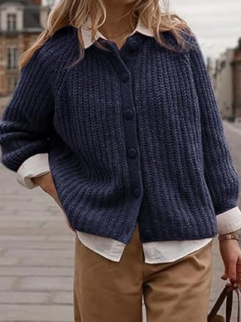 Classic Chunky Knit Navy Ribbed Button-Front Women's Cardigan Sweater